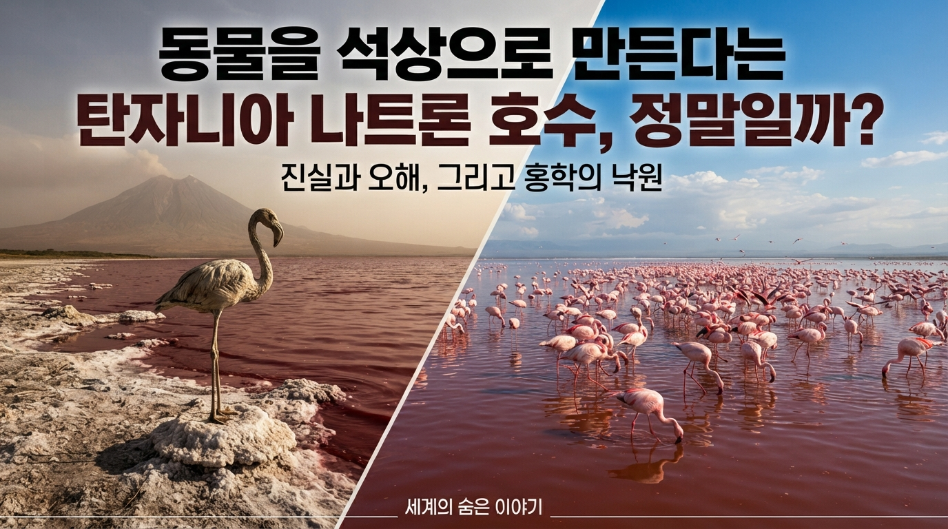 탄자니아 나트론 호수의 소금 결정 위에 선 홍학과 붉은 물에 모인 홍학 무리