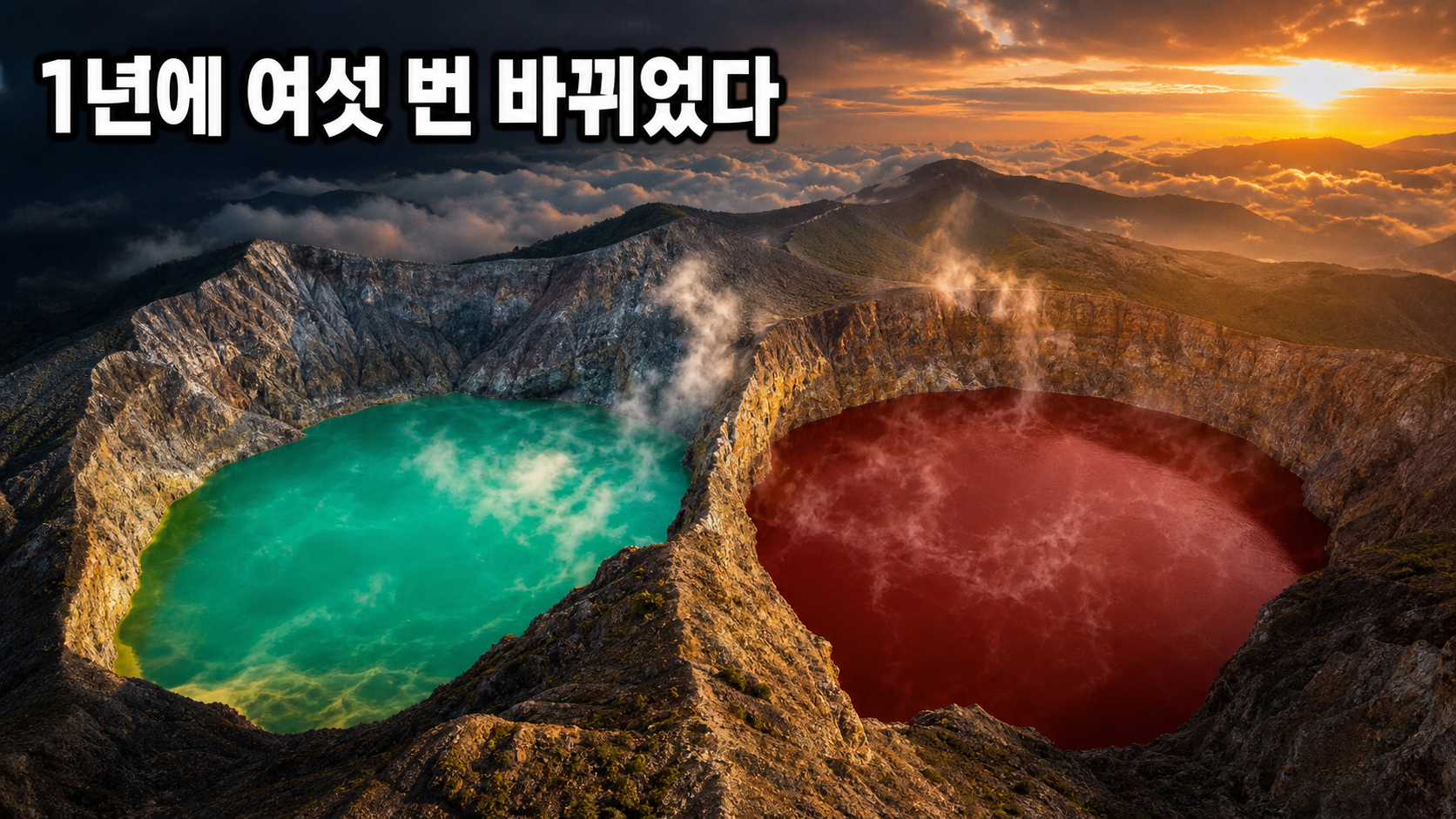 인도네시아 켈리무투 화산 정상의 서로 색이 다른 두 화구호