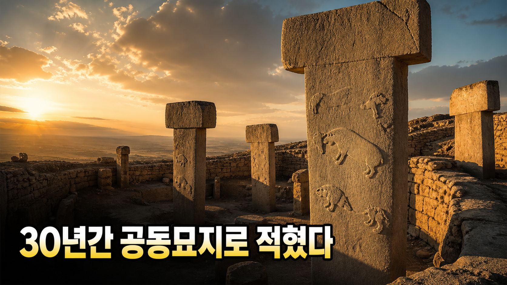 AI로 재현한 괴베클리 테페의 T자형 거석 기둥과 원형 발굴 구역