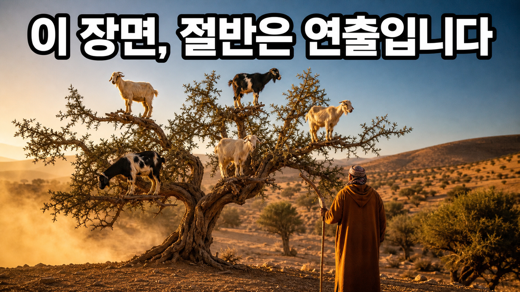 AI로 재현한 모로코 아르간 나무 위에 올라선 염소들과 곁에 선 목동