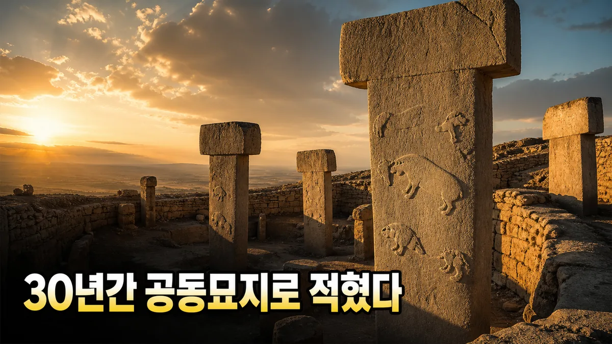 AI로 재현한 괴베클리 테페의 T자형 거석 기둥과 원형 발굴 구역