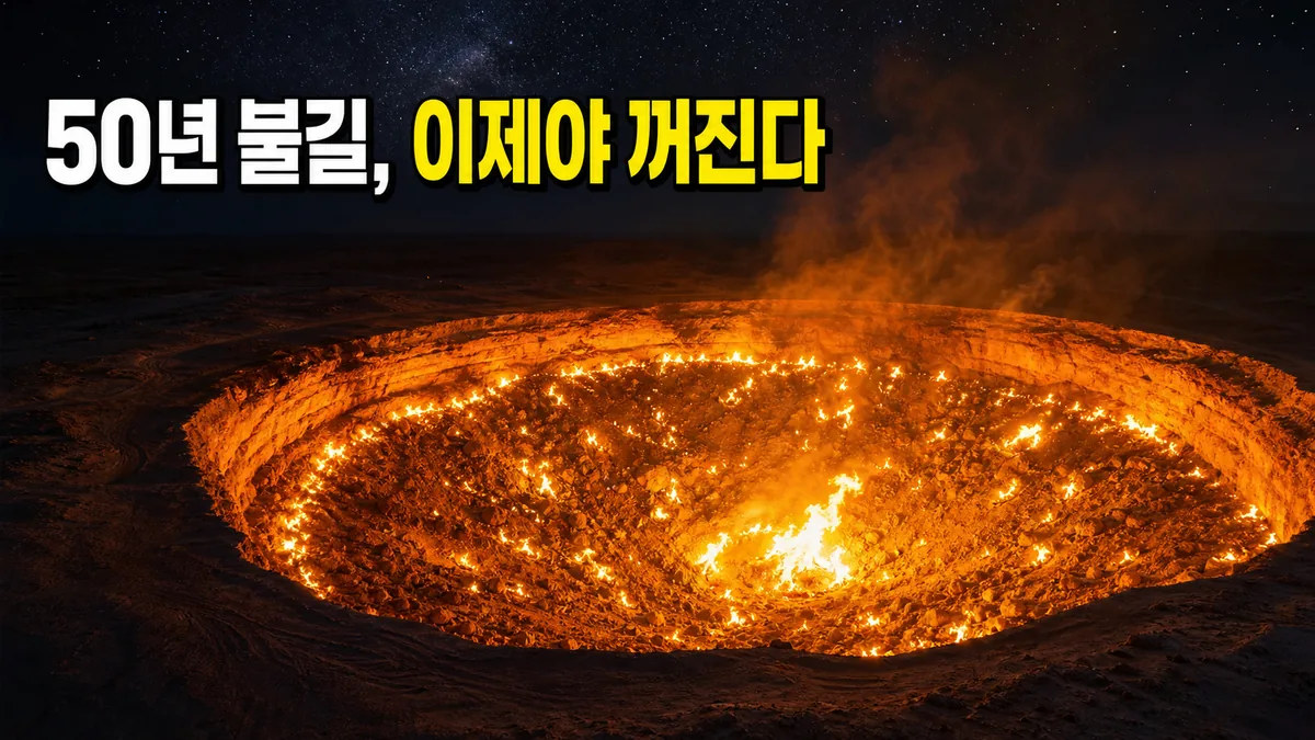 투르크메니스탄 카라쿰 사막에서 불타는 다르바자 가스 크레이터 야경