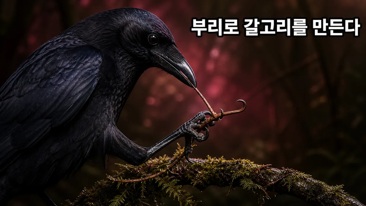 뉴칼레도니아 까마귀는 갈고리 도구를 스스로 구부려 만든다