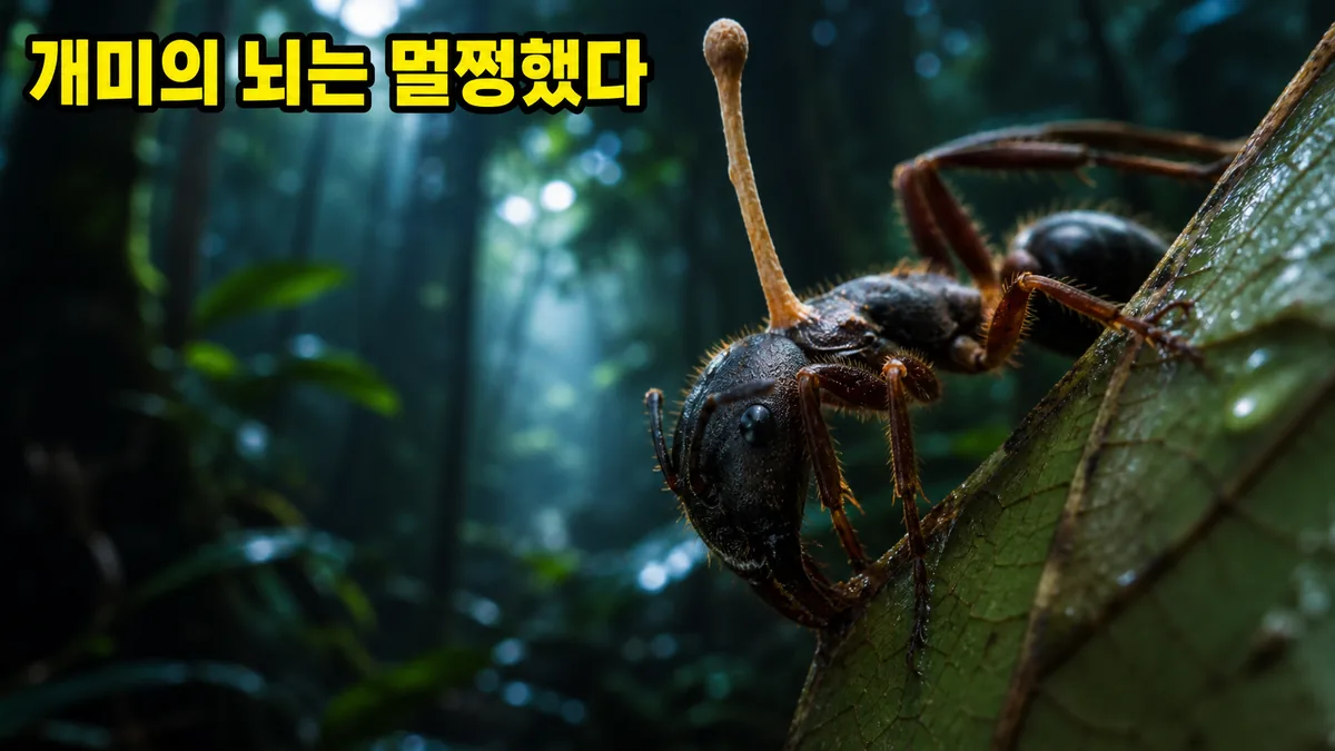 AI로 재현한 열대우림 잎 뒷면에 턱을 박고 굳어 있는 감염된 왕개미와 머리에서 자라난 곰팡이 자루