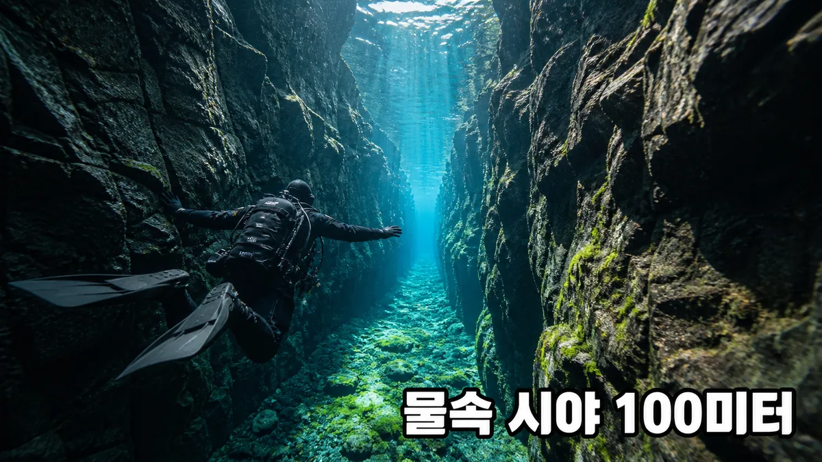 AI로 재현한 아이슬란드 실프라 균열의 맑은 빙하수 속을 헤엄치는 다이버